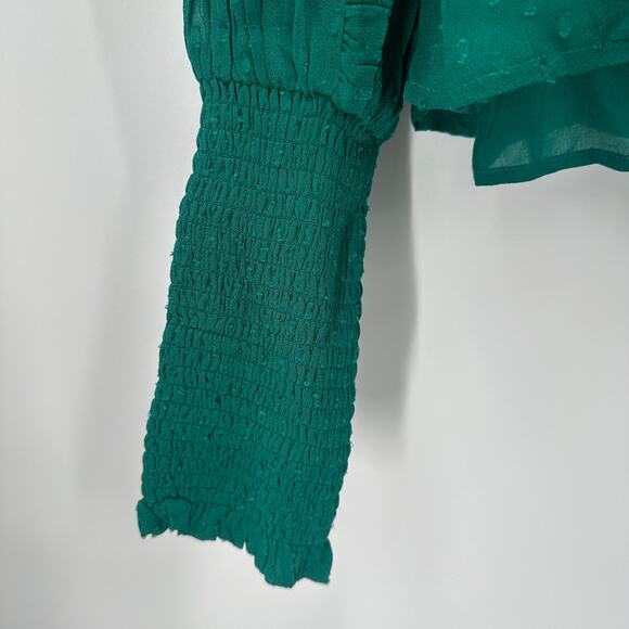 FARM RIO NWT Ruffled Long Sleeve Swiss Dot Blouse in Emerald // M - Picture 9 of 16